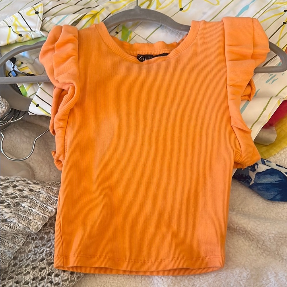 Zara Orange Short Sleeve Tee with Ruffle Details
